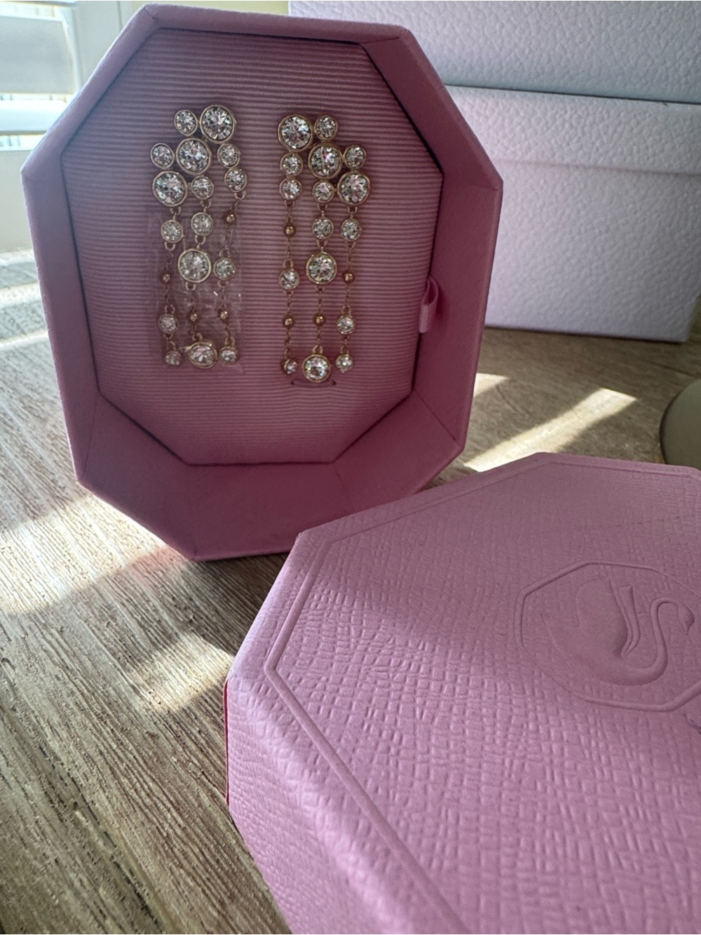 Swarovski Gold-Tone Droplet Crystal Dangle Earrings with Pink Box